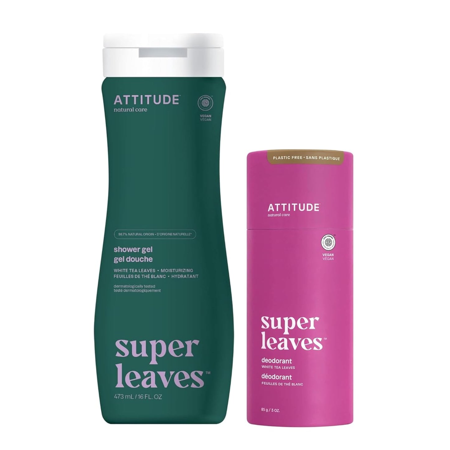 Bundle of ATTITUDE Plastic-Free Deodorant, EWG Verified, Aluminum-Free, Dermatologically Tested, White Tea Leaves, 3 Ounces + Body Wash, White Tea Leaves, 16 Fl Oz