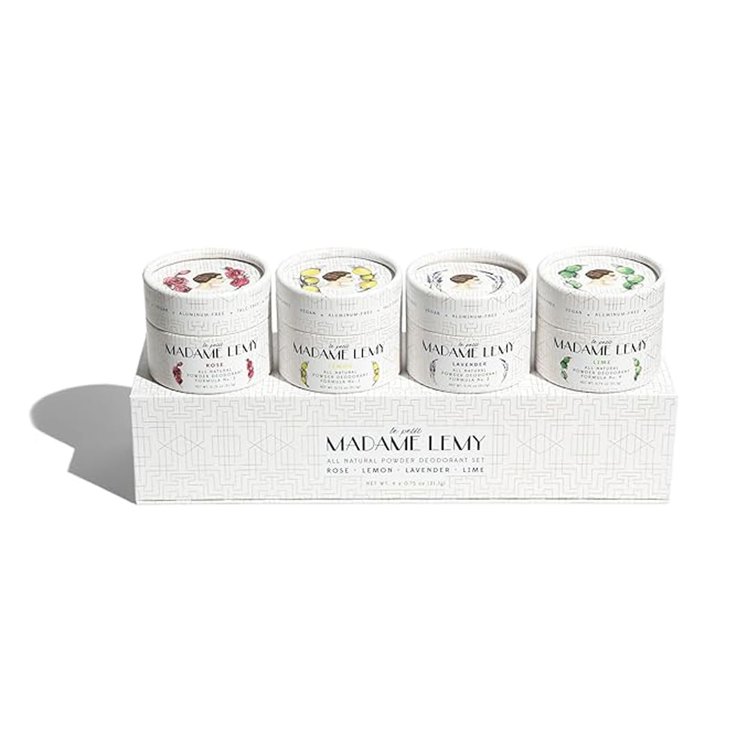 Madame Lemy Talc Free Powder Gift Set - Natural Deodorant & Body Powder – Aluminum Free, Vegan, Cruelty Free - Travel-Size Convenience with Puff Applicator | 4 Scents (CLASSIC, 4 x 0.75 oz)