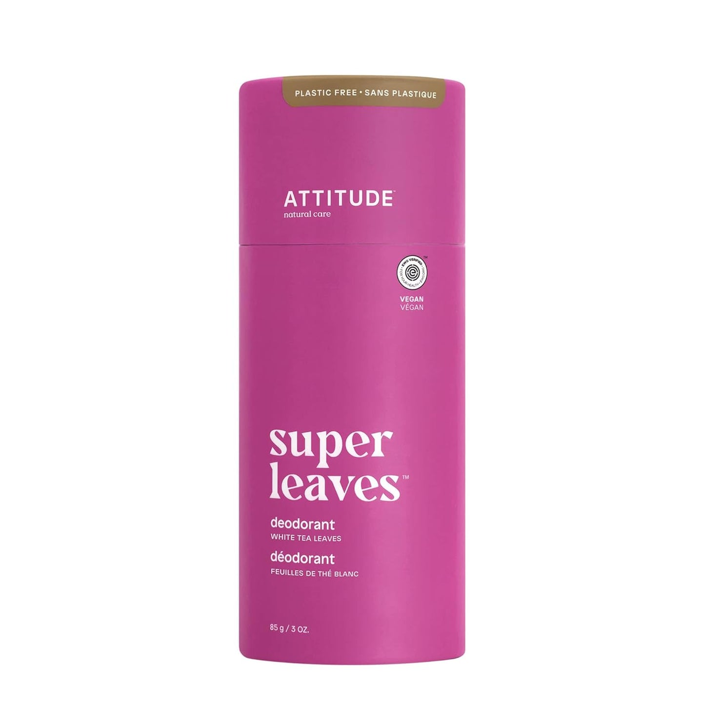 ATTITUDE Plastic-Free Deodorant, EWG Verified, Aluminum Free, Vegan Naturally Sourced Body Deodorants for Women & Men, Dermatologically Tested, White Tea Leaves, 3 Ounces