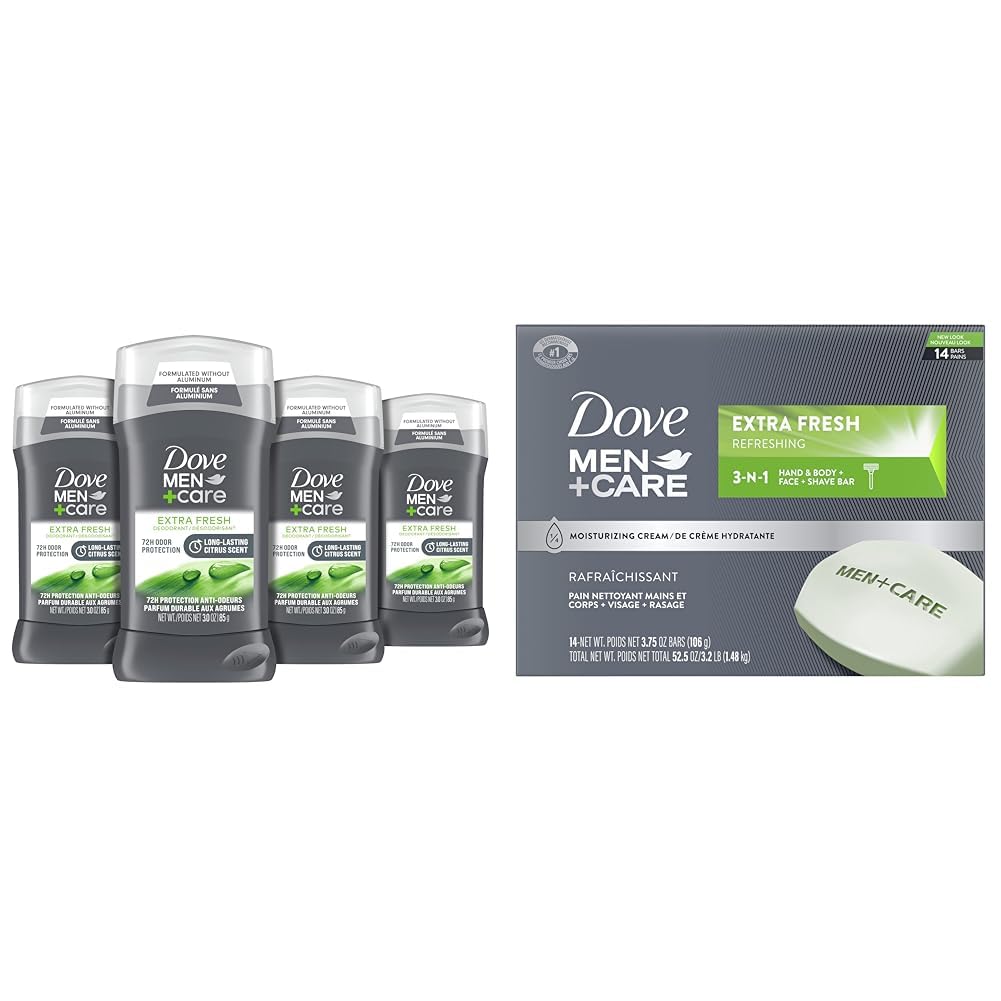 DOVE MEN + CARE Deodorant Stick for Men Extra Fresh 4 Count Aluminum Free 72-Hour Odor Protection & Bar 3 in 1 Cleanser for Body, Face, and Shaving to Clean and Hydrate Skin