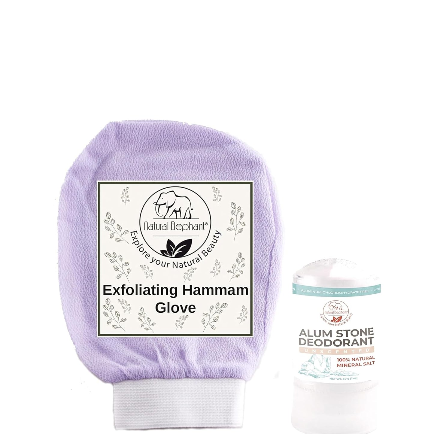 Freshness & Renewal Bundle: Natural Elephant Alum Stone Deodorant Stick and Exfoliating Hammam Glove Lilac