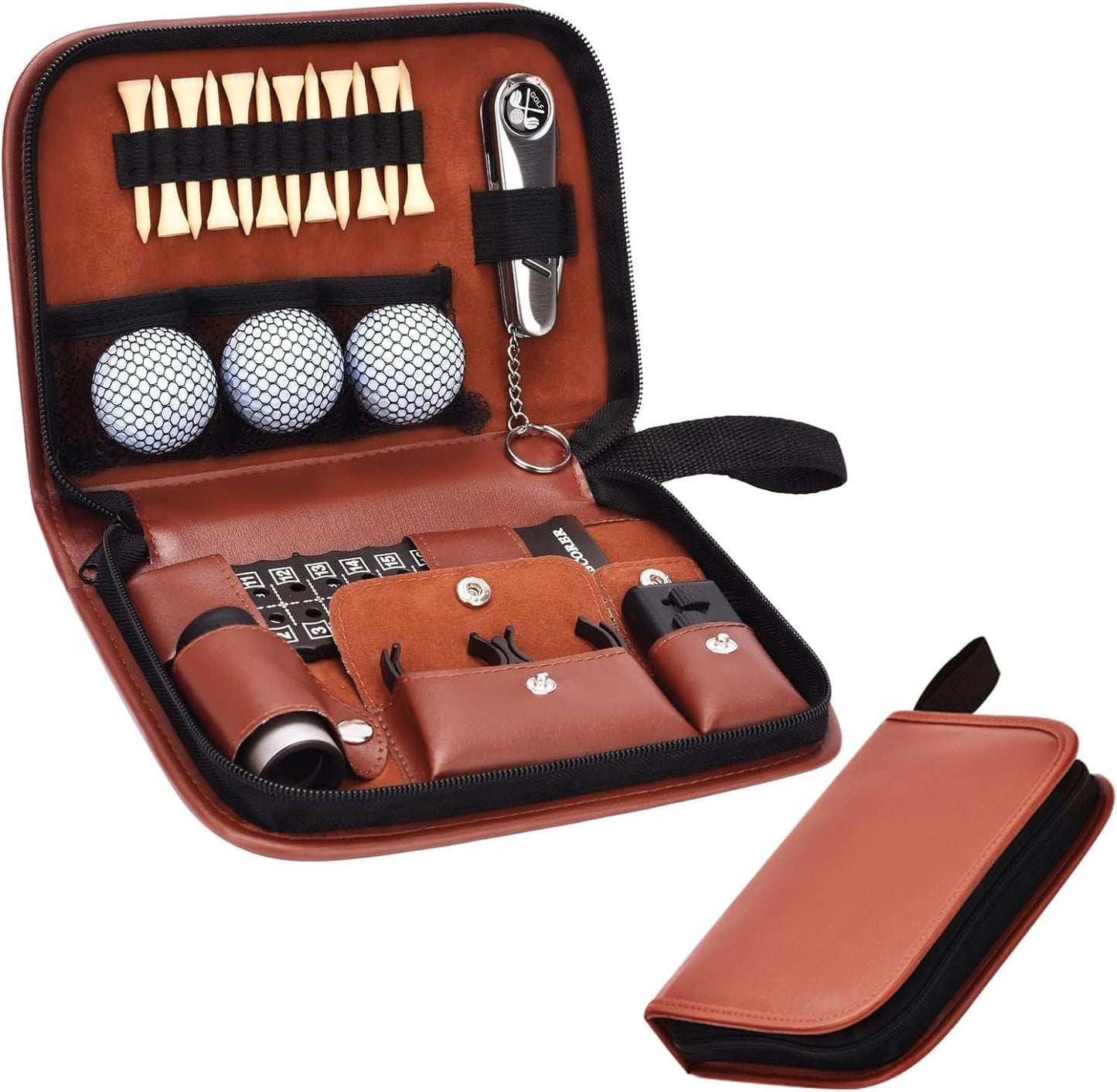 Golf Gifts, Golf Accessories Bag, Leather Storage Case for Golf Stuff, Golf Balls, Rangefinder, Golf Tees, Brush, Divot Knife, Scorer, Golf Ball Clamp, Gifts for Men and Women Golfers
