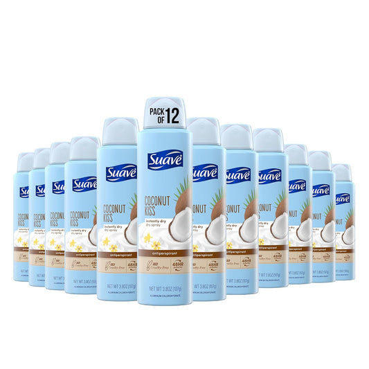 Suave Spray Deodorant Woman, Coconut Kiss deodorant women spray, Antiperspirant, 48-Hour Odor & Wetness Protection, 3.8 Oz (Pack 12)