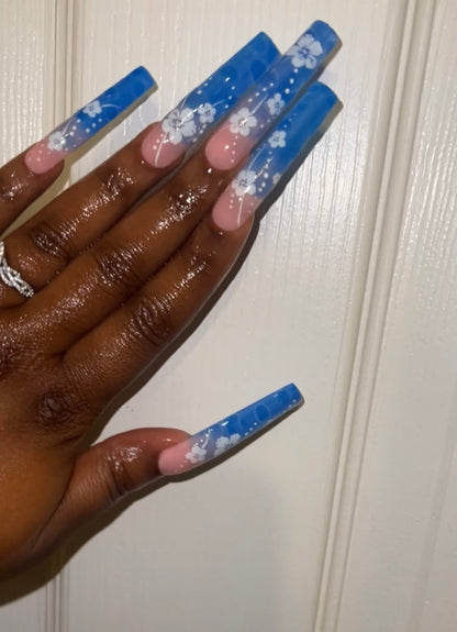 Water Effect with Hawaiian Flower Press On Nails