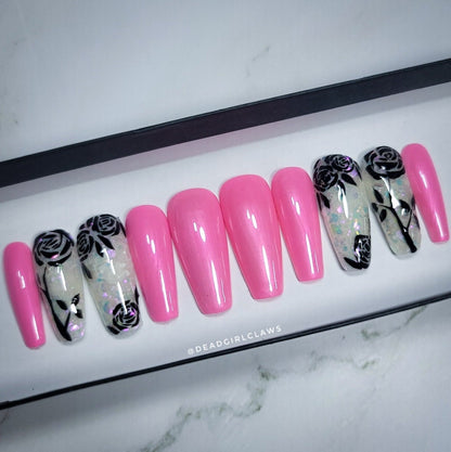Radiant Rose Press On Nail Set (Glow in the Dark)